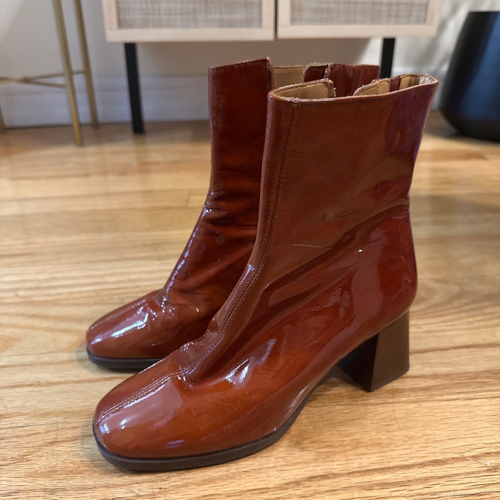 Sezane Patent Leather Ankle Boots in Cognac Brown 7